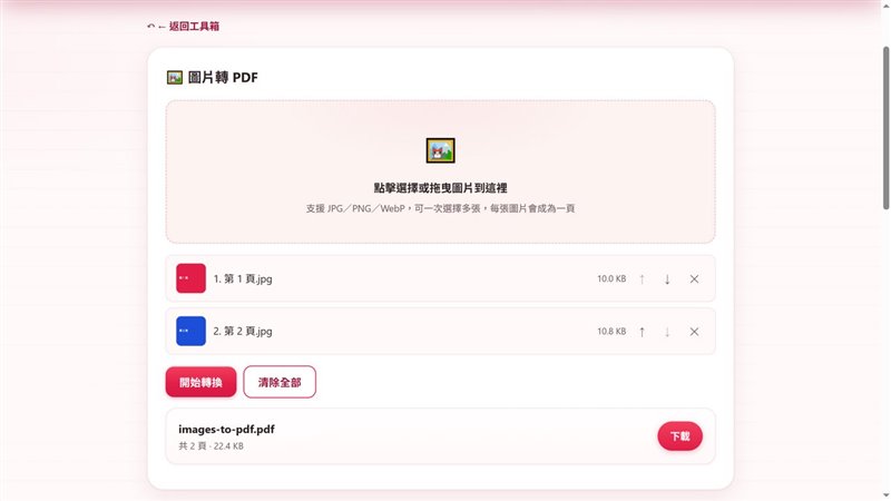 圖片轉 PDF 工具將兩張圖片合成一份 PDF 的結果
